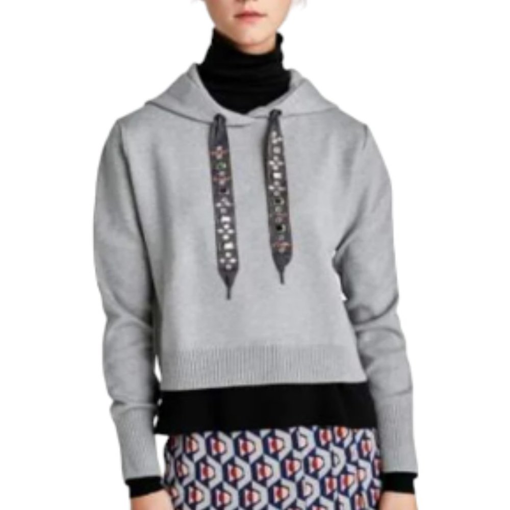 Zara Gray Embellished Hoodie Sweater